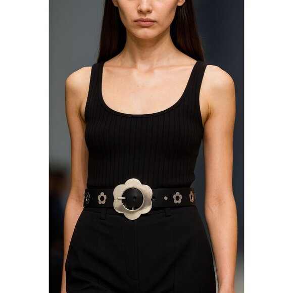 Croute De Cuir Leather Grommet Belt Flower Buckle Black Split Leather Sz 38 Y2K - Picture 1 of 13